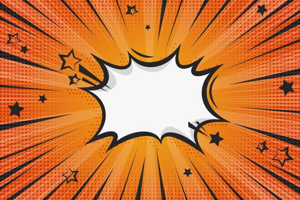 Comic book superhero background with speech bubble and stars. Pop art retro frame with boom effect. Orange sunburst striped bright poster with halftone texture.