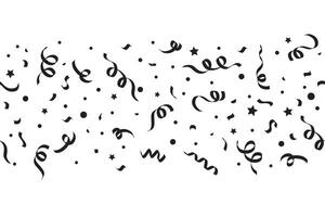 Confetti background for birthday and carnival celebration design. Black silhouettes of ribbons and falling paper elements. Seamless border pattern with serpentine vector
