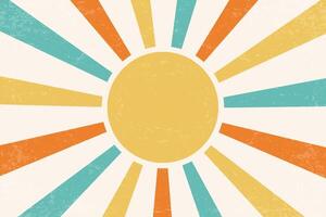 Retro sunrise background. Pattern with radial rays and grunge texture. 70s abstract vintage summer poster. Orange and green beams on old paper backdrop vector
