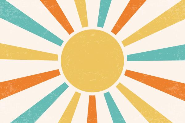 Retro sunrise background. Pattern with radial rays and grunge texture. 70s abstract vintage summer poster. Orange and green beams on old paper backdrop