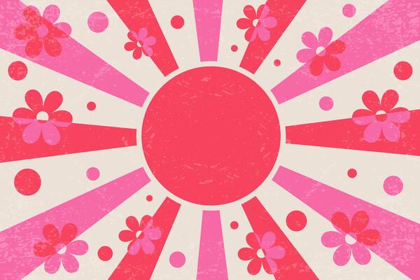Retro pattern background with groovy wavy sun rays and cute flowers. Psychedelic abstract sunshine with vintage grunge texture. 70s summer poster with radial pink beams.