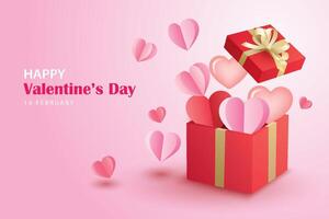 Valentines day greeting card banner template with heart and box on pink background. vector