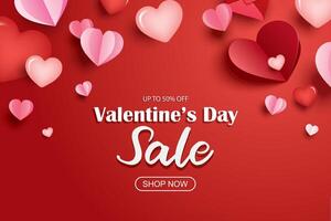 Valentines day sale banner template with heart on red background. vector