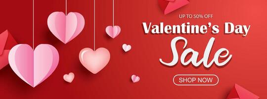 Valentines day sale banner template with heart and text on background. vector