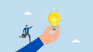 Inspiration idea to inspire, 4k animation of entrepreneur ascends staircase of large hand grasping motivating shining lightbulb. video
