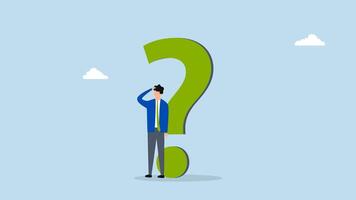 problem solving, 4k animation of uncertain entrepreneur contemplating response with large question mark. video