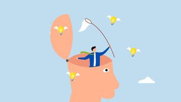 New creative idea thinking process, 4k animation of Entrepreneur unveils his mind to capture bright ideas with a butterfly net. video