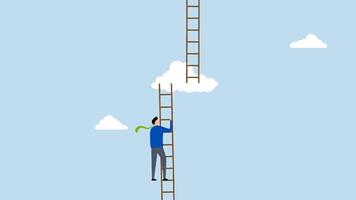 Progress to next level, 4k animation of driven entrepreneur ascending the ladder to cloud heights to achieve the next tier. video