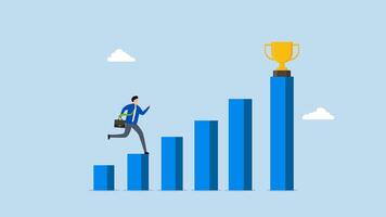 Motivation to drive success, 4k animation of driven entrepreneur racing on ascending bar chart to seize victory trophy. video