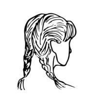 three quarter girl head with two braids, back view - hand drawn sketch line art vector