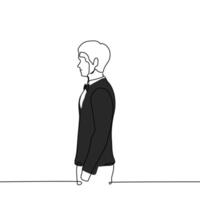 young man standing in jacket and bow tie in profile - one line art . concept groom in profile vector