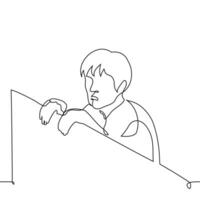 man peeking out from behind a wall or partition - one line art . concept of peeping, spying vector