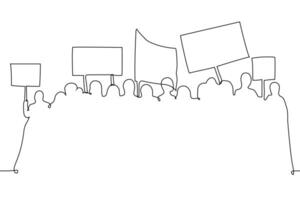 silhouette of crowd of people with banners and flags - one line art . concept protest crowd, rally vector