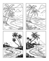 four black and white illustrations of palm trees and the beach vector