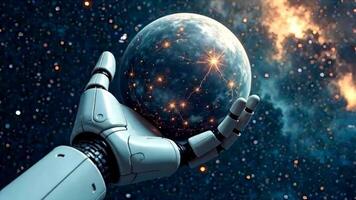 Robot astronaut space, artificial intelligence hold planet hands. video