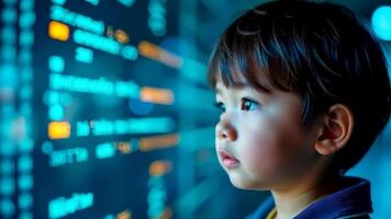 Asian boy looking at screen of monitor of computer with stock market data with numbers and letters. Modern technologies in learning children video