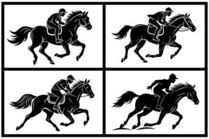 set of equestrian silhouette black and white in many profile side front view vector