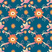 Vintage spring pattern with flowers and birds on a dark background vector