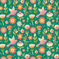 Floral pattern with flowers and birds on green background vector