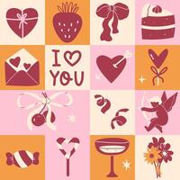 Geometric pattern with hand drawn romantic elements for Valentines Day vector