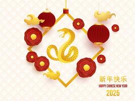 2025 Happy Chinese New Year Written Text in Chinese Language with Golden Zodiac Snake Frame Hang Surrounded by Paper Flowers, Lanterns and Clouds on White Semi Circle Pattern Background. vector