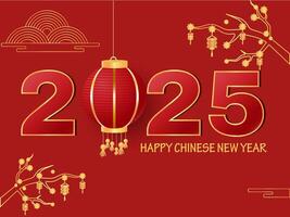 2025 Happy New Year Greeting Card with Lantern Hang and Golden Blossom Branch on Red Background. vector