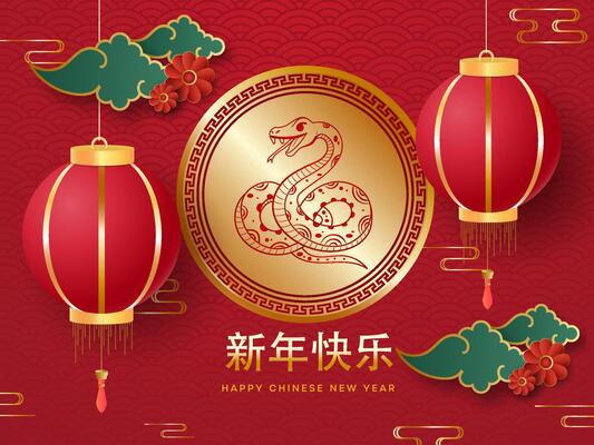 Golden Happy New Year Written Text in Chinese Language with Zodiac Snake Illustration, Lanterns Hang, Flowers and Clouds on Red Semi Circles Pattern Background.