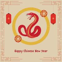 Happy Chinese New Year Greeting Card with Red Snake Circular Frame, Flowers and Lanterns Hang on Beige Background. vector