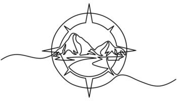 Compass continuous one line drawing. Single one line drawing equipment for exploration and navigation vector