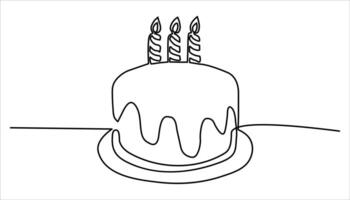 Birthday cake continuous one line drawing. Symbol of sweet celebration torte and pastry confectionery icon concept in simple linear style vector