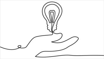 Hand holding lightbulb continuous one line drawing illustration vector