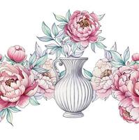 Delicate peonies bloom gracefully around a classical vase, showcasing soft colors and intricate details in a tranquil composition. vector
