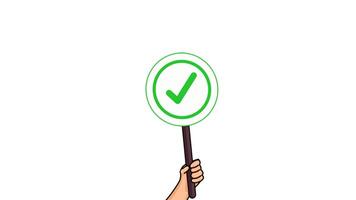 Animation of hands hold signboard checkmark symbol. Correct choice. Checklist. right. vote and polling. yes or no choice. Choice. Polling video