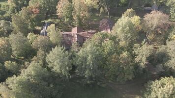 Aerial View of Rustic Buildings Amid Trees and Open Grassy Areas video