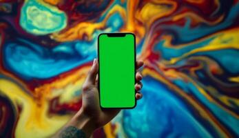 A hand holds a smartphone with a green screen against a vibrant abstract background video