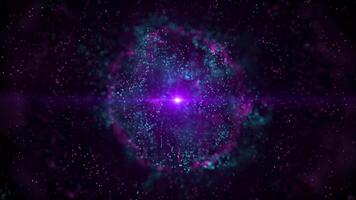Abstract glowing sphere, energy ball shines brightly with rays of light, magic waves from particles and dots, abstract atomic science video