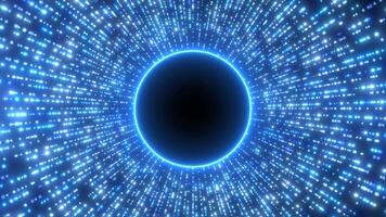 Digital futuristic tunnel or travel through time and space at high speed by moving bright neon lines of particles and bright dots. High technology corridor, warp speed, wormhole video