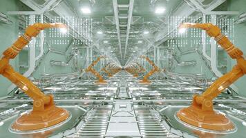 An endless corridor of robotic arms moving in sync inside an industrial facility on a seamless VJ loop. Perfect for visualization of audio beats in music videos, stage performance walls. video