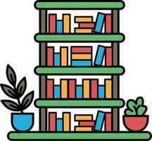A tall bookcase with a plant on the left side and a red vector