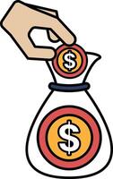 A hand is putting a coin into a bag with a dollar sign on it vector