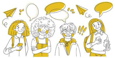 set of student characters of different genders and nationalities. doodle style illustration vector