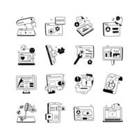 Hand drawn icons depicts a variety of digital tools, including websites, mobile apps, and data visualizations vector