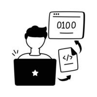 Icon representing a software developer coding on a laptop. vector