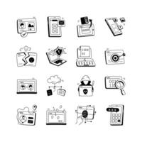 Hand drawn icons depicting various aspects of digital security and online threats vector