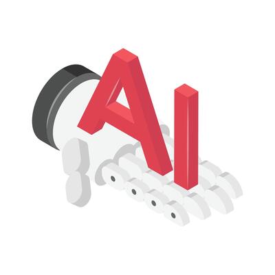 A stylized isometric icon of a robotic hand