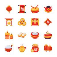 A set of colorful, flat design icons representing traditional Chinese New Year objects vector