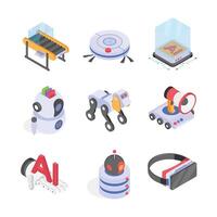 Isometric icons depicts various futuristic robots and technologies vector