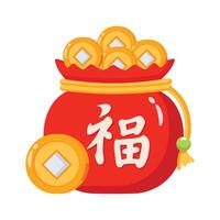 Red bag filled with golden coins and the Fu symbol for luck vector
