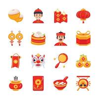 A set of colorful flat style icons depicting various traditional Chinese New Year elements. vector