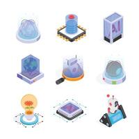 Isometric icons visually represent various facets of artificial intelligence technology. vector